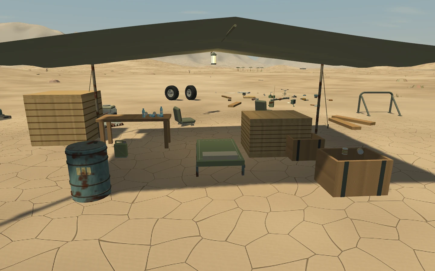 The camp cot, table and two small crates are usable items that can be recovered and placed again.