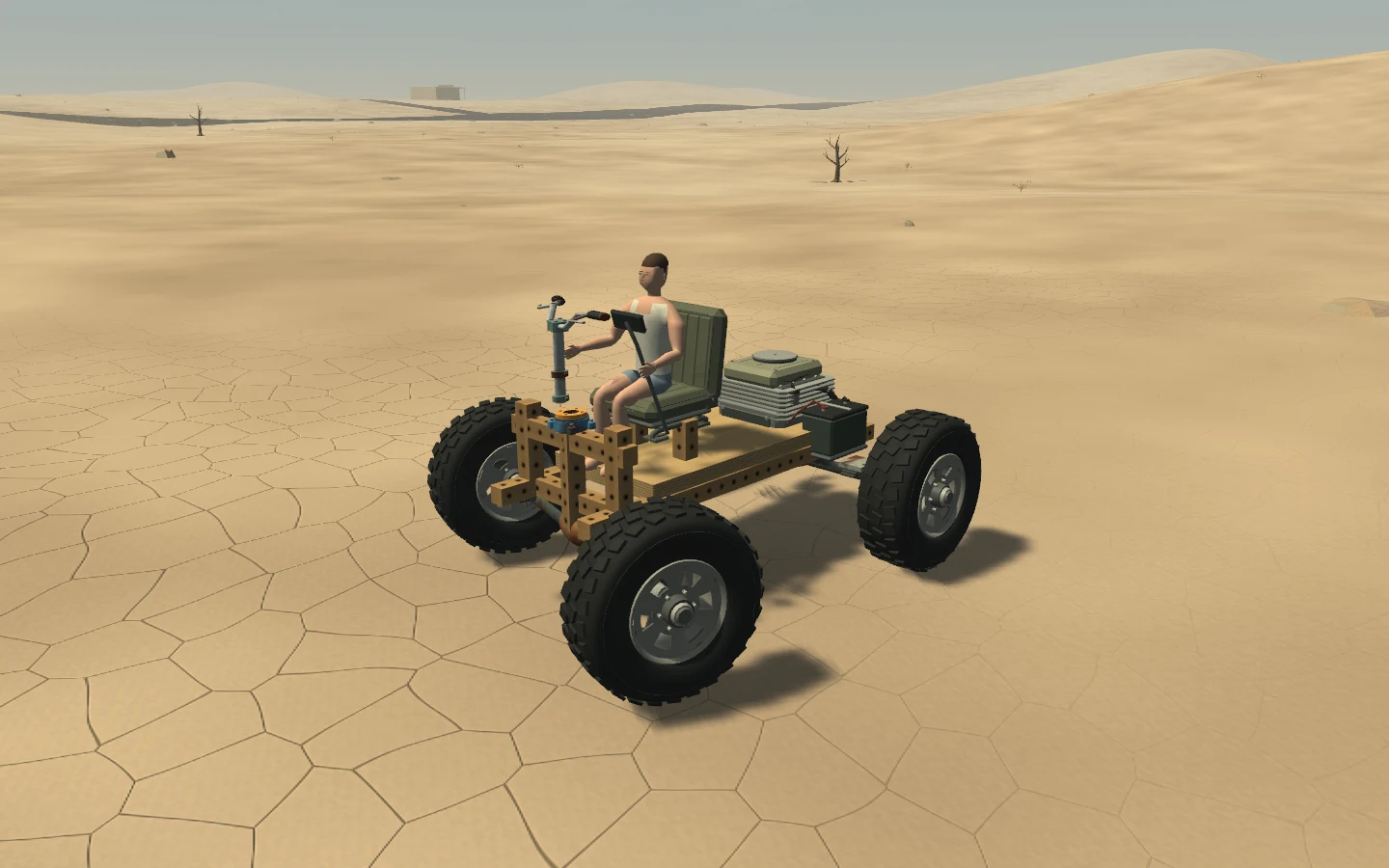 A working four-wheel cart built from lumber and salvaged components.