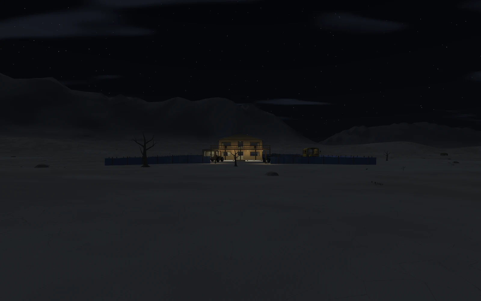 The demonstration homestead at 64 metres, with porch and interior illumination visible after dark.