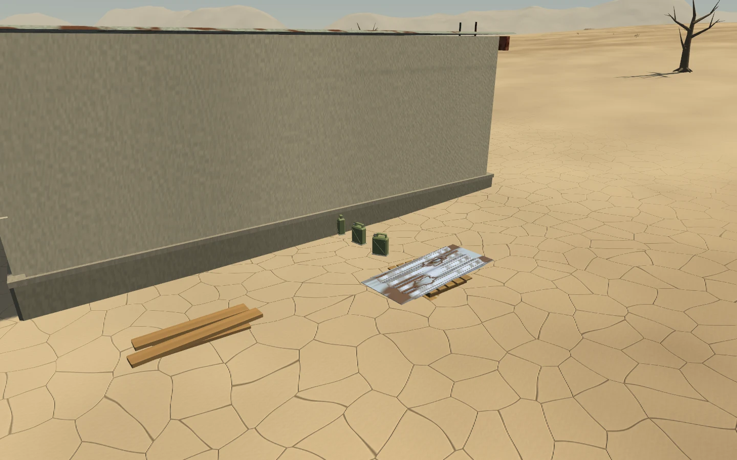 Weathered sheet stock, a usable pallet and a small lumber pile outside the station.