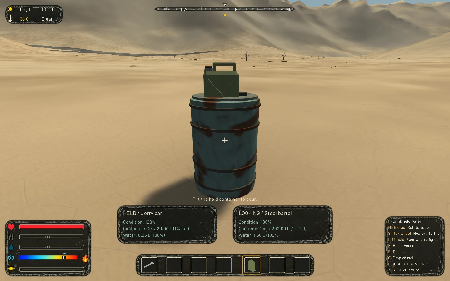 A held jerry can and a placed barrel share the fluid inspection and drinking rules.