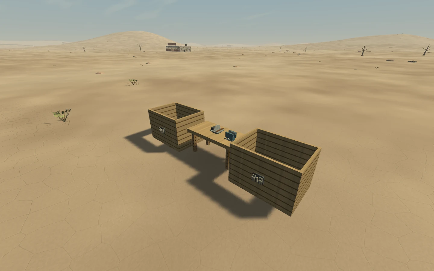 A placed saw and vise, with nearby containers linked for input and output.
